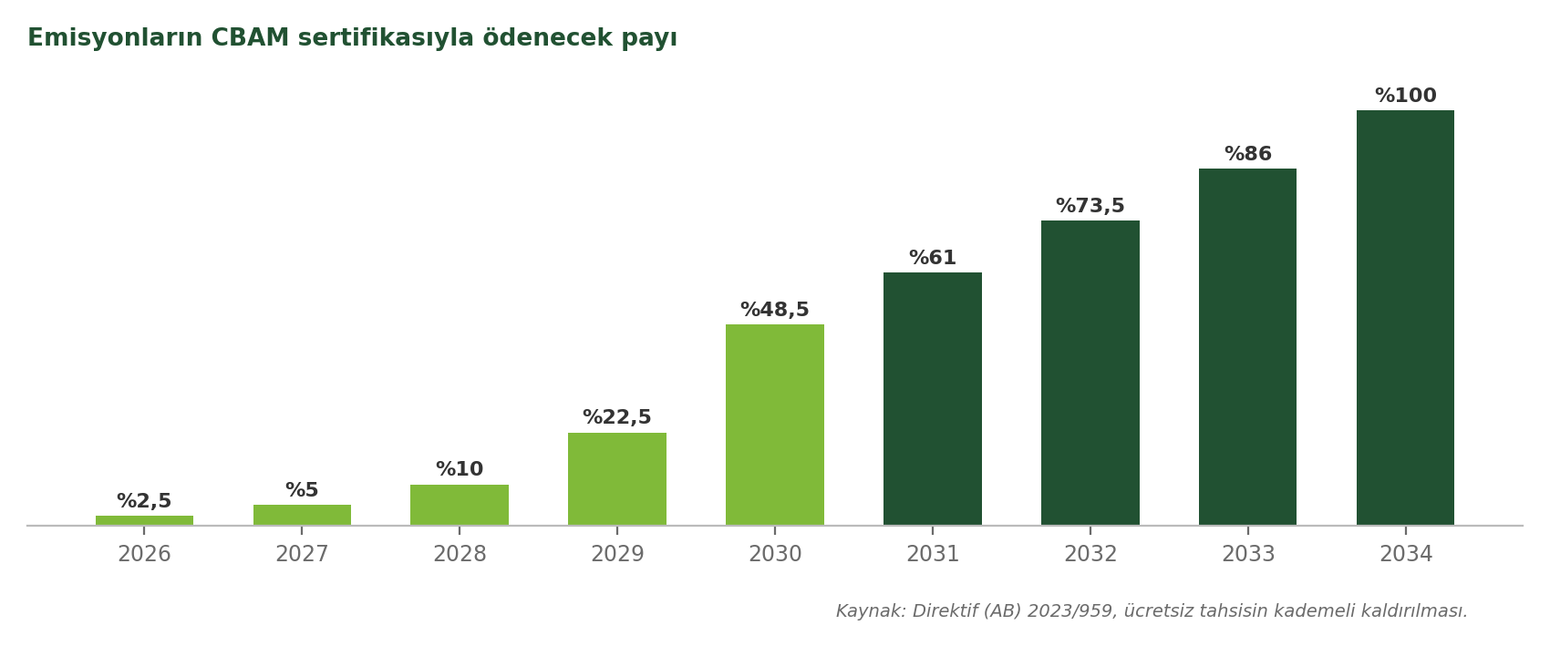 CBAM’da ödenecek payın 2026–2034 arasında kademeli artışı.
